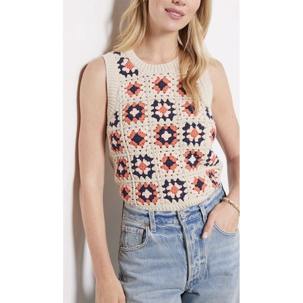 Evereve Tia Crochet Knit Granny Square Tank Top In Beige Women's Size S
